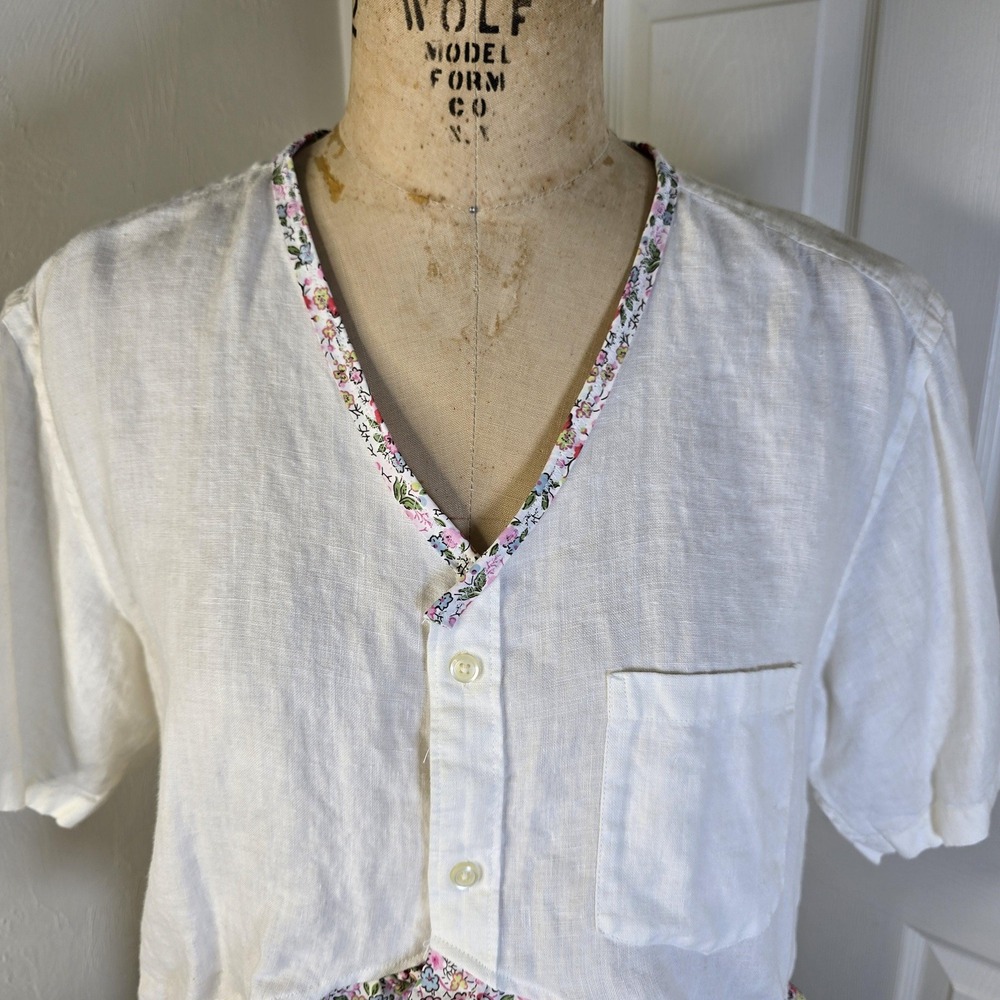 Upcycled off white womens cottagecore Linen floral ruffle. ‎ oversized S-M - Picture 2 of 7